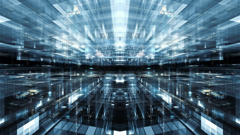 An image depicting the transmission of data through thousands of screens heading to a central point.