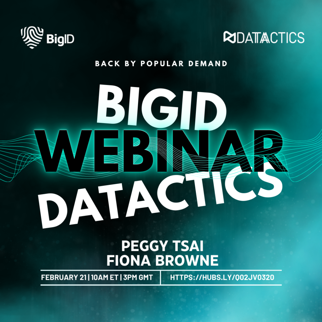 graphic poster image for a webinar featuring peggy tsai of bigid and fiona browne of datactics