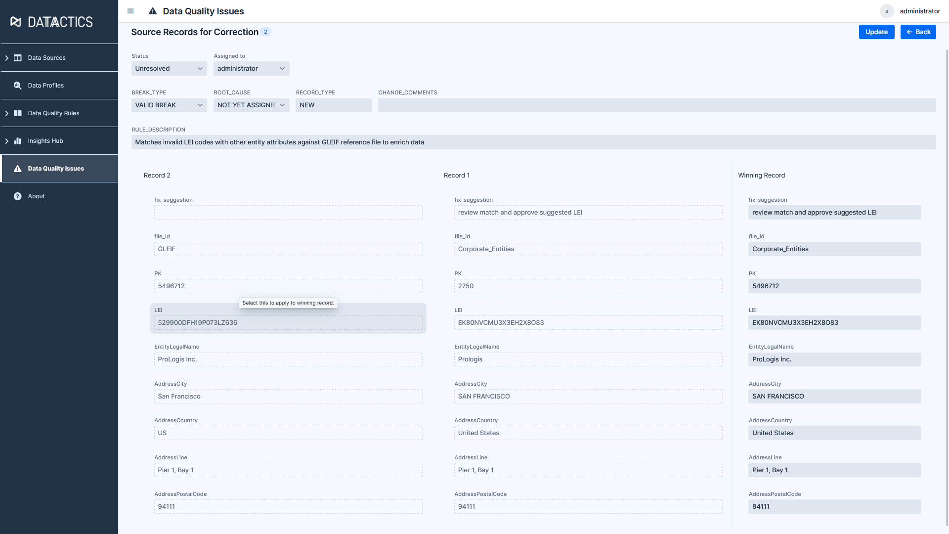 screenshot showing data quality issues remediation in Datactics ADQ